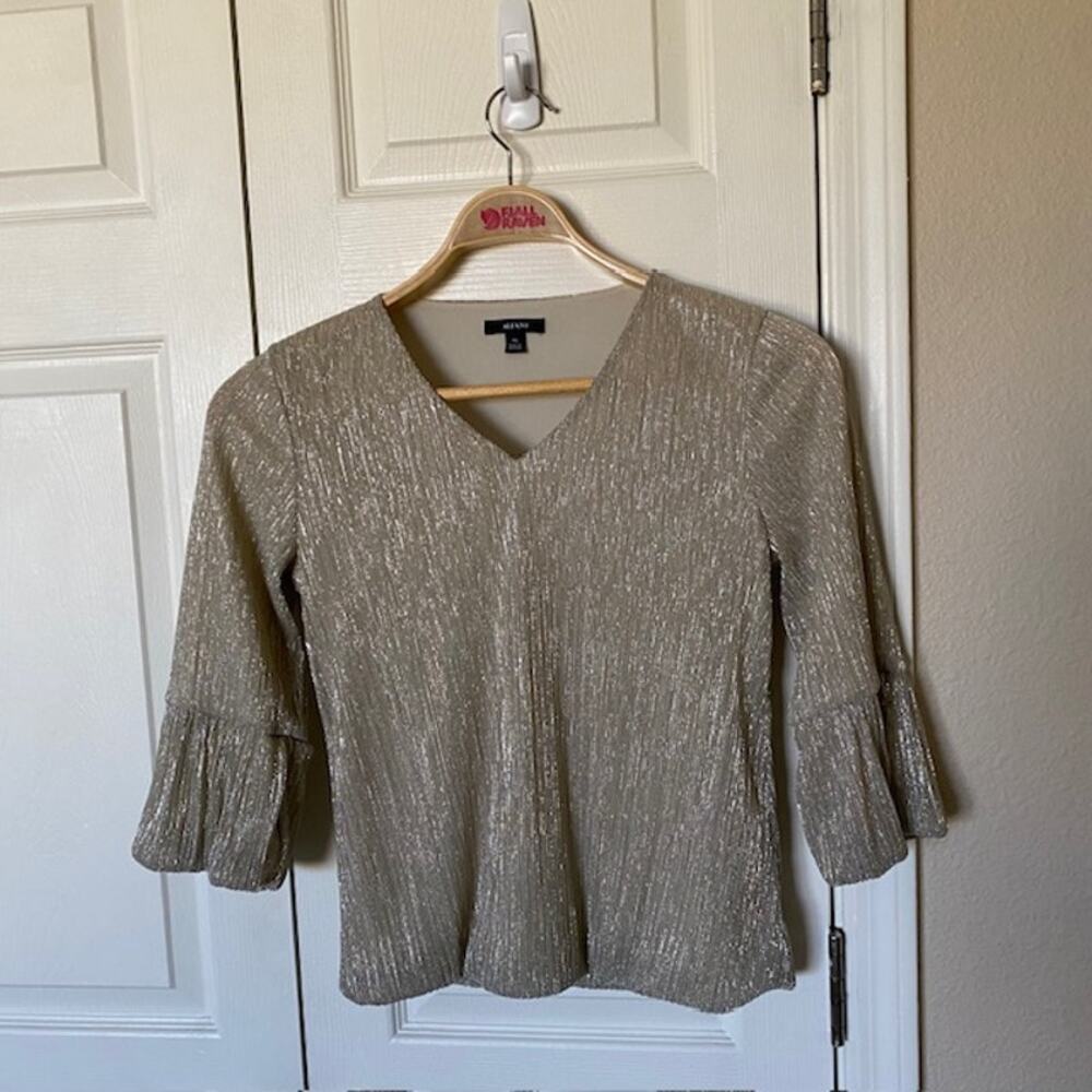 Alfani Shimmer Top Gold Metallic V-Neck Blouse 3/4 Sleeve Lined Women's PS